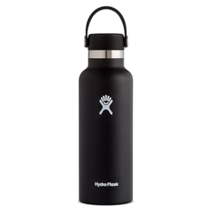 A black Hydro Flask water bottle with a handle on the lid and the Hydro Flask logo on its body.