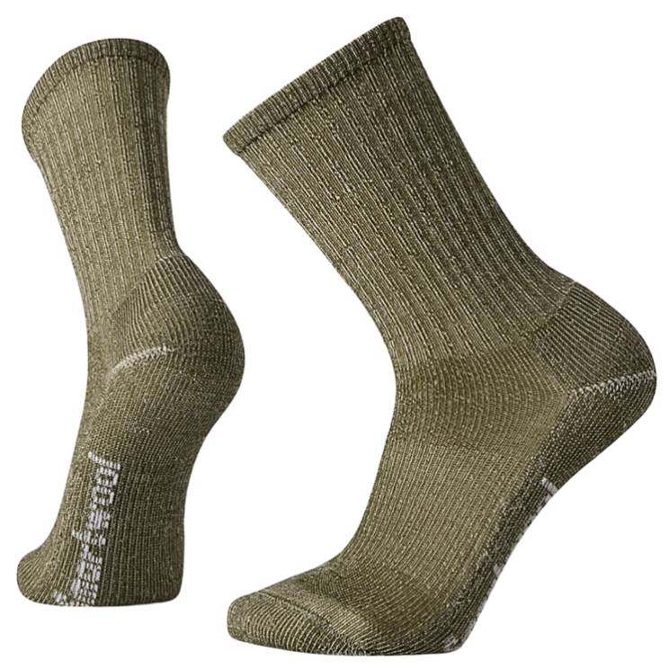A pair of olive green crew socks with a ribbed texture and reinforced heel and toe, suitable for outdoor activities.