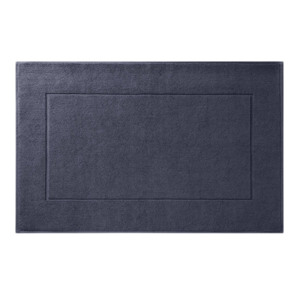 Dark blue rectangular bath mat with a simple border design.
