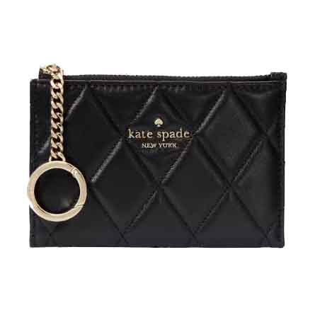 Black quilted Kate Spade New York cardholder with a gold zipper and chain accent.