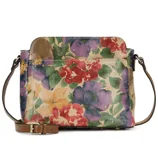 A floral-patterned crossbody bag with a blend of red, purple, orange, and green on a neutral background, featuring a brown adjustable strap and a front pocket.