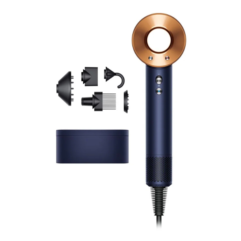 A hair dryer with a circular, hollow head design, shown with multiple styling attachments and a storage case, in a navy and copper color scheme.