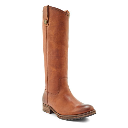 Brown leather knee-high boot with a low wooden heel and a button detail near the top.