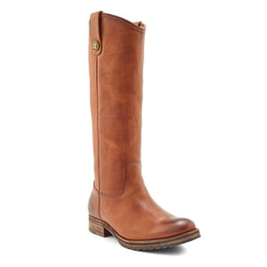 Brown leather knee-high boot with a low wooden heel and a button detail near the top.