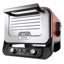 Ninja Woodfire outdoor electric grill with a temperature control panel and woodfire flavor infuser feature.