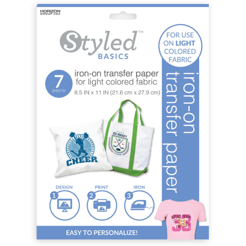 Iron-on transfer paper pack for light-colored fabric, by Styled Basics, includes 7 sheets sized 8.5 x 11 inches.