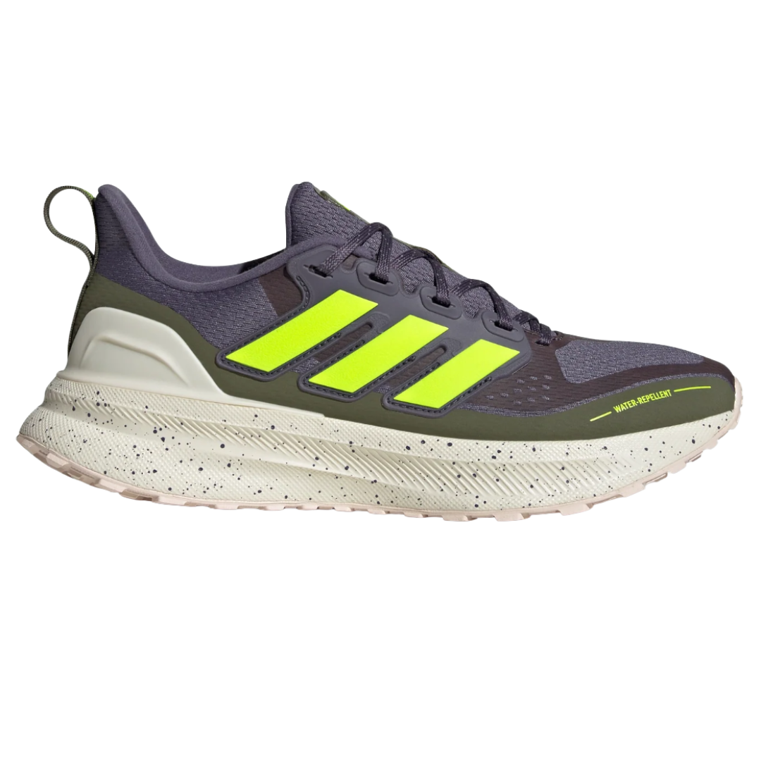 Water-repellent running shoe featuring a dark upper with bright yellow stripes, speckled sole, and a pull tab at the heel.