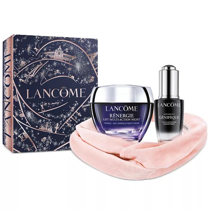 Lancôme 3pc Skincare Set includes Rénergie Lift Multi-Action Night cream, Advanced Génifique Youth Activating Concentrate, and a soft pink headband, housed in a decorative box.