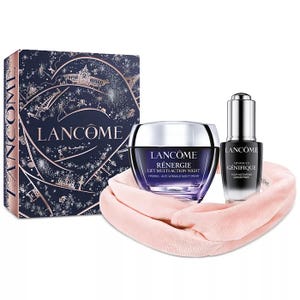 Lancôme 3pc Skincare Set includes Rénergie Lift Multi-Action Night cream, Advanced Génifique Youth Activating Concentrate, and a soft pink headband, housed in a decorative box.