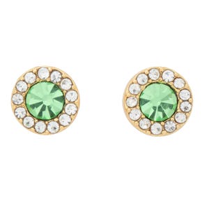 Pair of gold-tone stud earrings featuring central green gemstones surrounded by clear rhinestones.