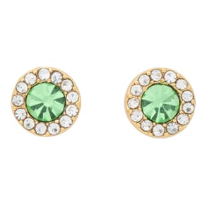 Pair of gold-tone stud earrings featuring central green gemstones surrounded by clear rhinestones.