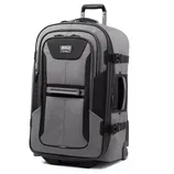 A gray wheeled duffel bag with a telescopic handle, featuring multiple compartments and zipper closures. It has side straps for additional security and is branded with \“Bold by Travelpro.\“