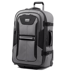 A gray wheeled duffel bag with a telescopic handle, featuring multiple compartments and zipper closures. It has side straps for additional security and is branded with \“Bold by Travelpro.\“