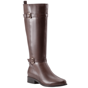 Brown knee-high leather boot with low heel and buckle strap details.