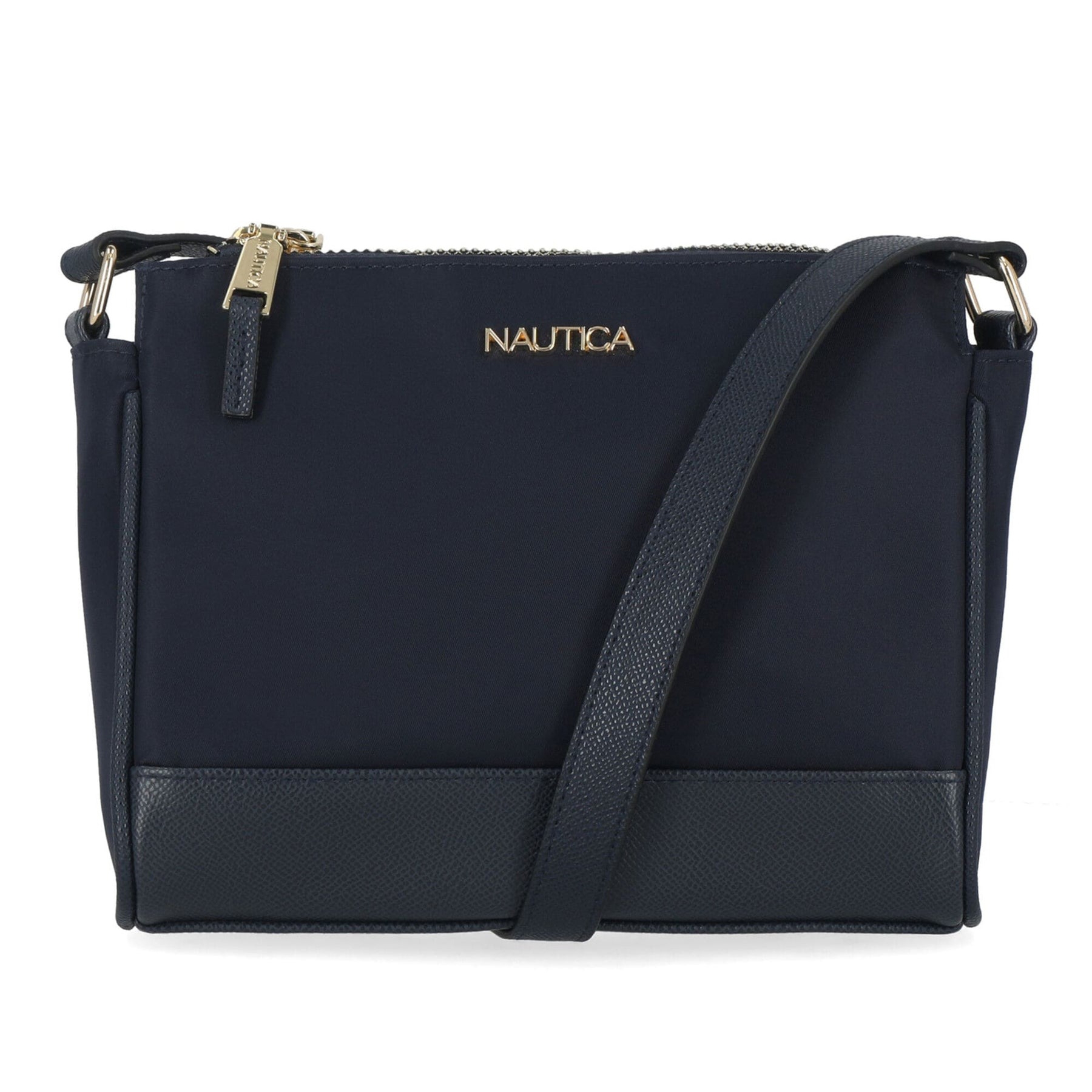 Navy blue Nautica crossbody bag with gold lettering and a textured strap, featuring a top zipper closure.