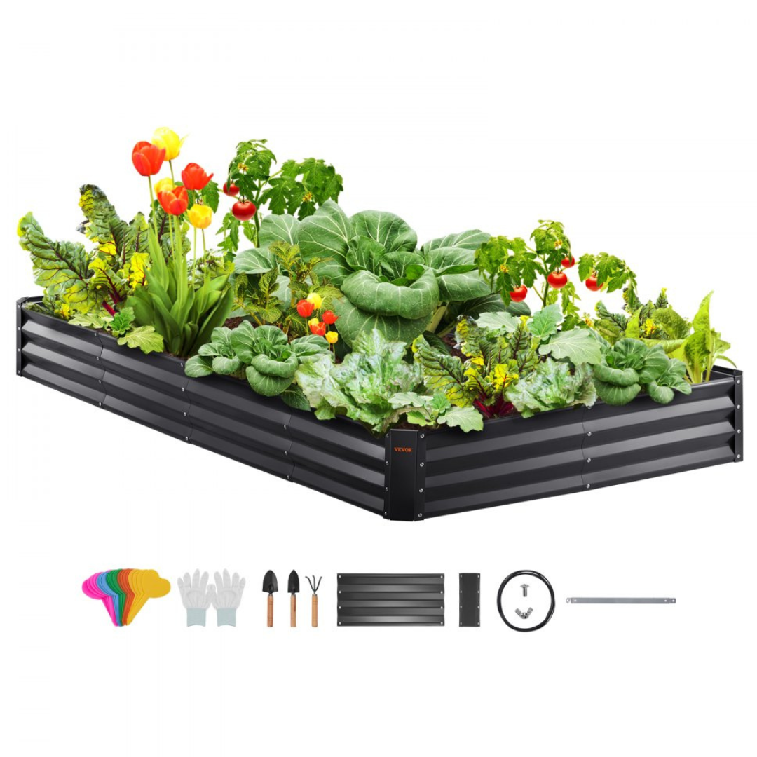 A raised garden bed kit with various vegetables and flowers, accompanied by planting tools and gloves.