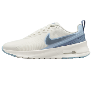 Nike sneaker with a white and light blue color scheme, featuring a visible Air Max unit in the heel and a perforated heel overlay with a pull tab.