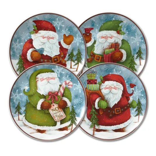 Set of four festive plates featuring Santa Claus in various red and green outfits, holding gifts and candy canes against a snowy backdrop with trees and snowflakes.