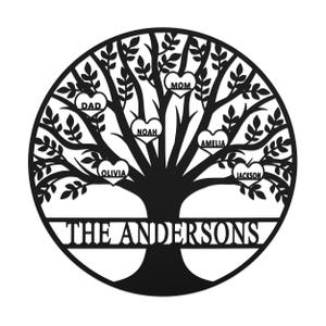 Black metal wall sign shaped like a tree with branches and heart-shaped leaves inscribed with family member names: Mom, Dad, Noah, Olivia, Amelia, and Jackson. The base reads \“The Andersons.\“