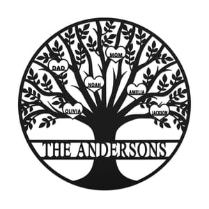 Black metal wall sign shaped like a tree with branches and heart-shaped leaves inscribed with family member names: Mom, Dad, Noah, Olivia, Amelia, and Jackson. The base reads \“The Andersons.\“