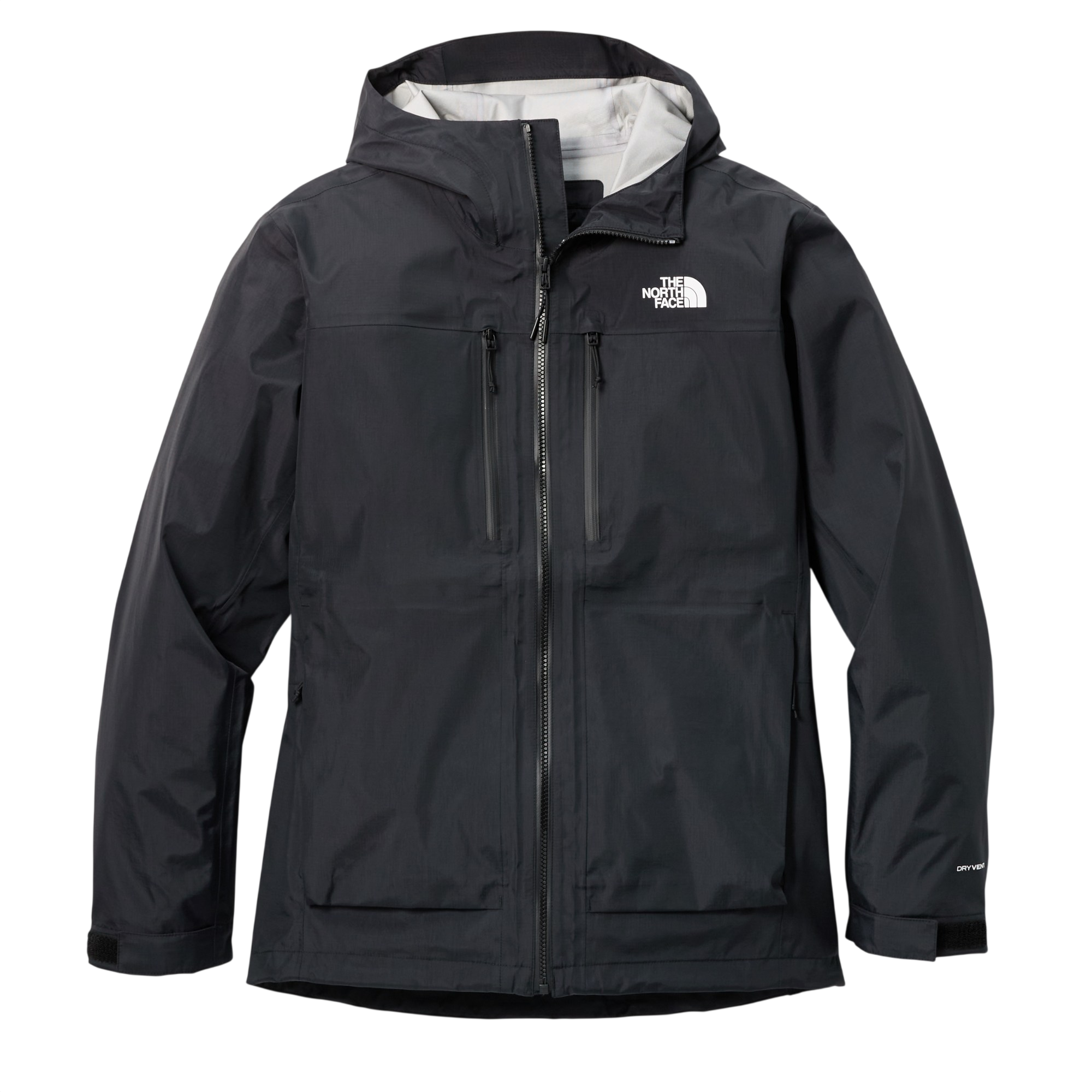 A black North Face waterproof jacket with a hood, featuring a zip closure and multiple pockets. The DryVent logo is on the sleeve.