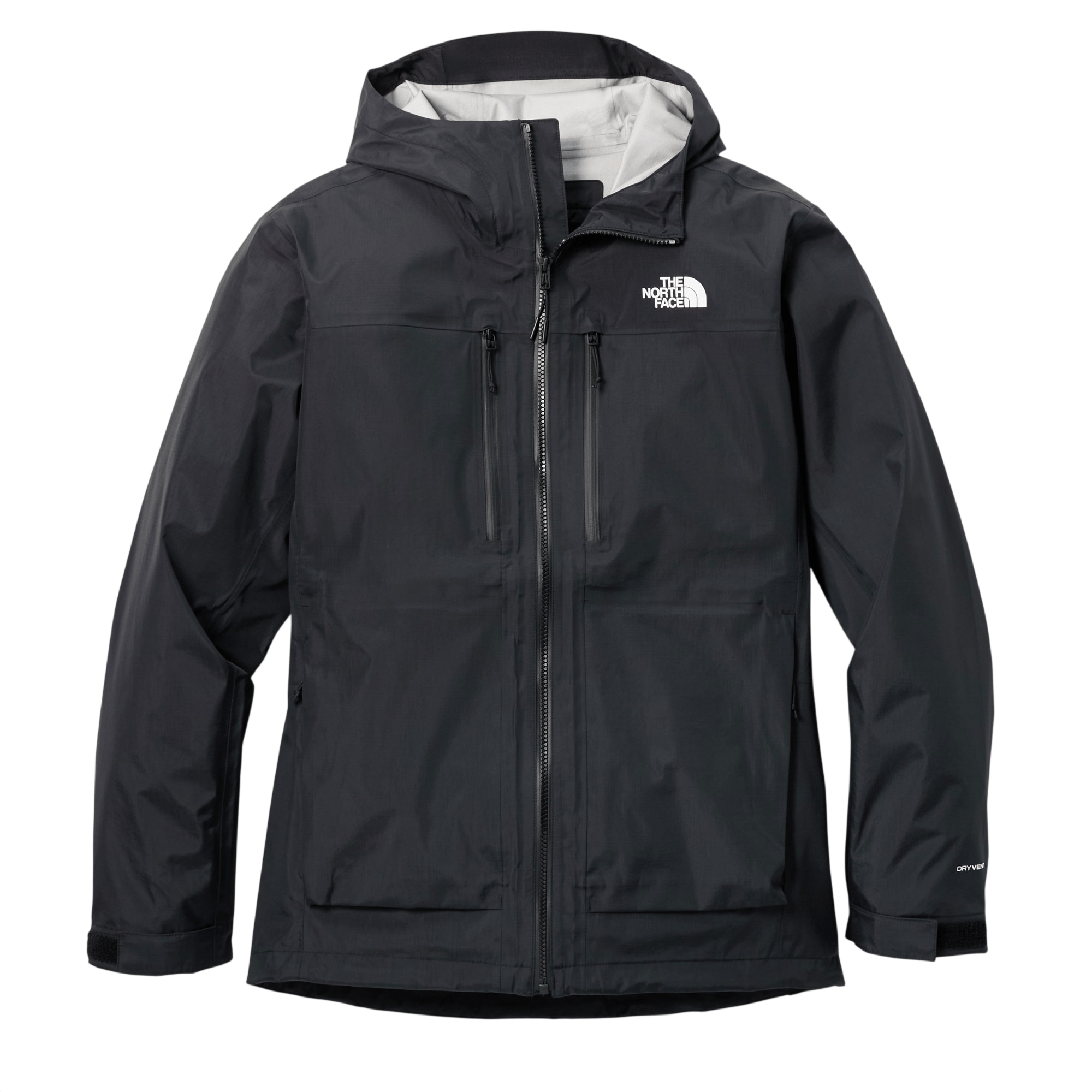 A black North Face waterproof jacket with a hood, featuring a zip closure and multiple pockets. The DryVent logo is on the sleeve.