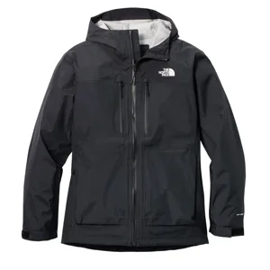 A black North Face waterproof jacket with a hood, featuring a zip closure and multiple pockets. The DryVent logo is on the sleeve.