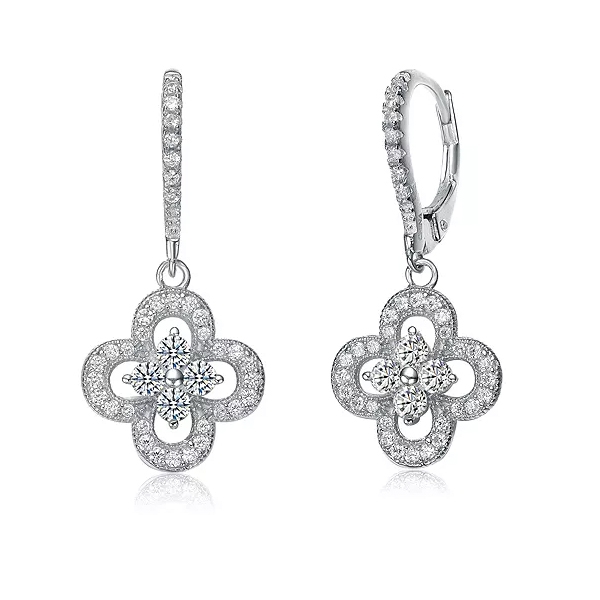 Genevive CZ Clover Leverbacks are elegant earrings featuring a clover-shaped design with cubic zirconia accents, set in a leverback style for secure wearing.