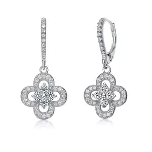 Genevive CZ Clover Leverbacks are elegant earrings featuring a clover-shaped design with cubic zirconia accents, set in a leverback style for secure wearing.