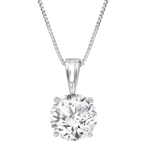 A silver necklace featuring a solitaire round-cut diamond pendant with a four-prong setting on a box chain.