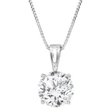 A silver necklace featuring a solitaire round-cut diamond pendant with a four-prong setting on a box chain.