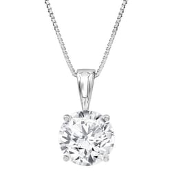 A silver necklace featuring a solitaire round-cut diamond pendant with a four-prong setting on a box chain.