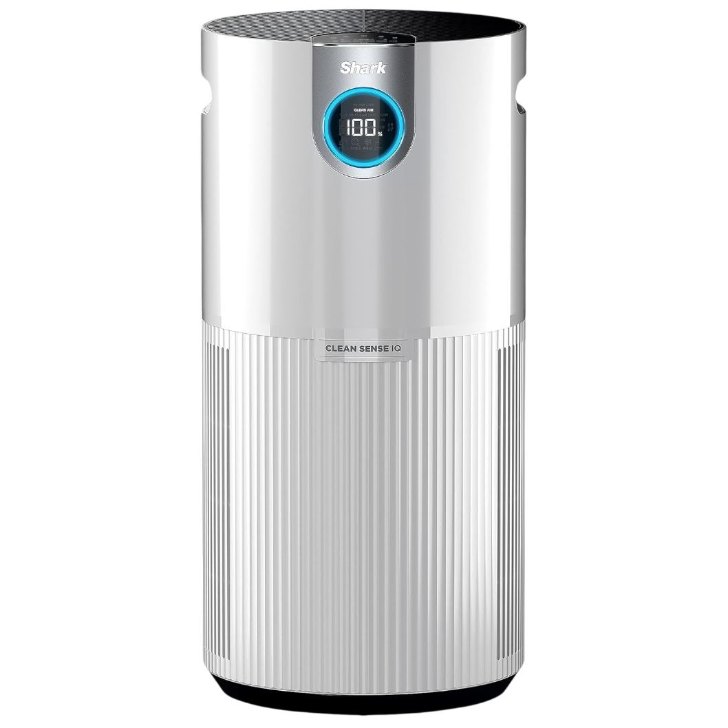 Shark air purifier with Clean Sense IQ technology, featuring a digital display for air quality levels.