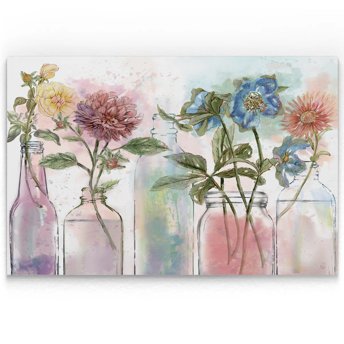 Colorful flowers in glass bottles are shown against a pastel watercolor background, creating a soft and artistic display.