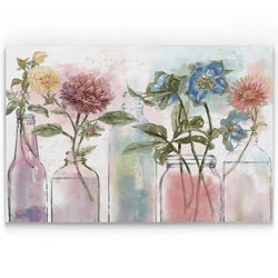 Colorful flowers in glass bottles are shown against a pastel watercolor background, creating a soft and artistic display.