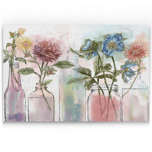 Colorful flowers in glass bottles are shown against a pastel watercolor background, creating a soft and artistic display.