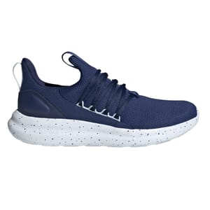 A navy blue sneaker with a knit upper, elastic laces, and a speckled white Cloudfoam sole, featuring a pull loop at the heel.
