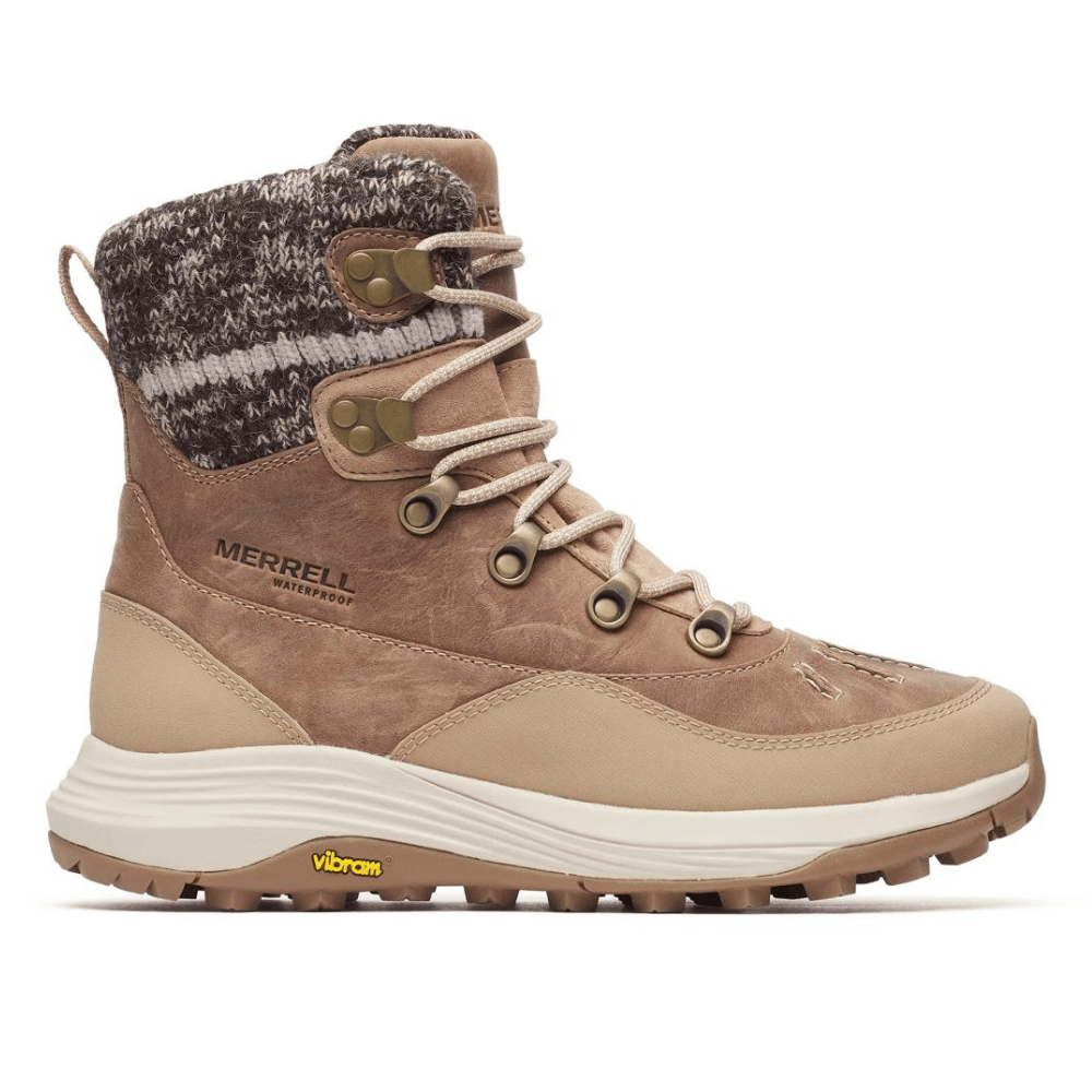 Merrell waterproof hiking boot with a knit cuff, lace-up design, and Vibram outsole for traction.