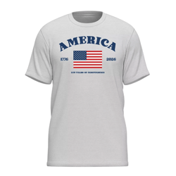 A gray T-shirt featuring the word \“AMERICA,\“ the years \“1776\“ and \“2026,\“ the U.S. flag, and the text \“250 Years of Independence.\“