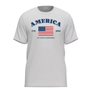 A gray T-shirt featuring the word \“AMERICA,\“ the years \“1776\“ and \“2026,\“ the U.S. flag, and the text \“250 Years of Independence.\“