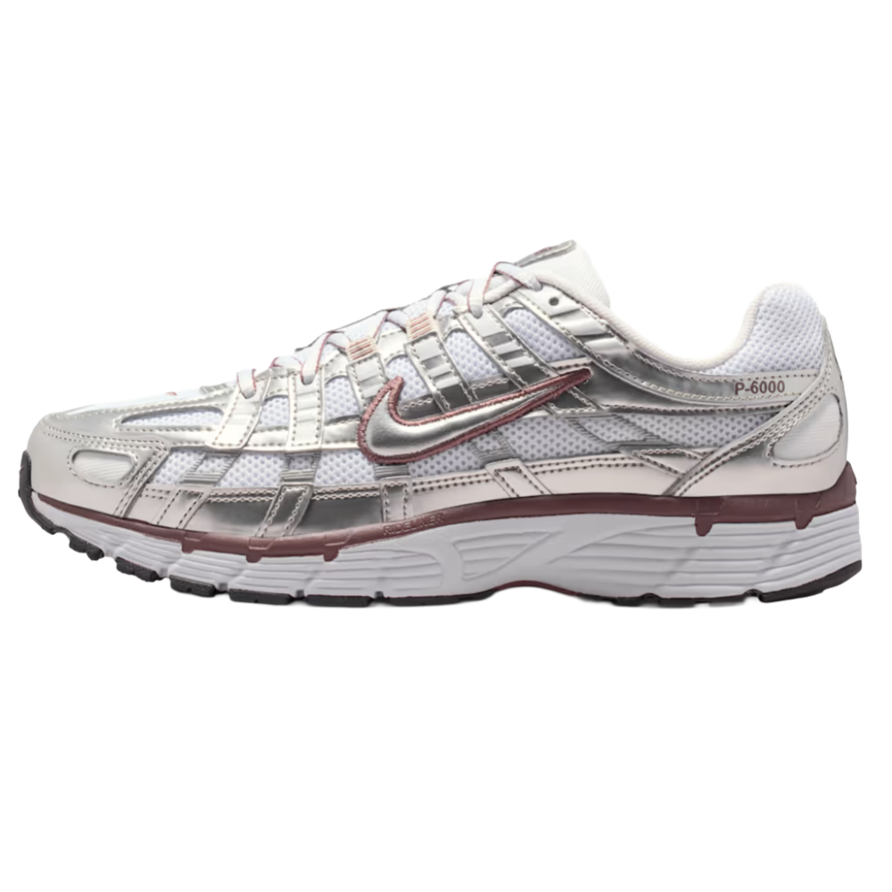 Nike P-6000 sneaker in a metallic silver and white color scheme with maroon accents, featuring a mesh and synthetic upper with the Nike Swoosh logo.