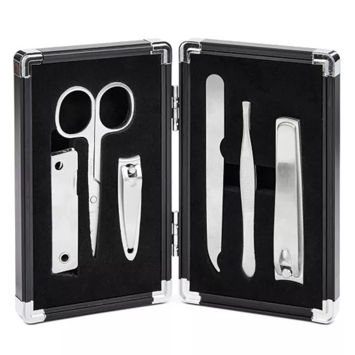 The Perry Ellis 6pc Men's Manicure Set includes scissors, nail clippers, a nail file, tweezers, a cuticle pusher, and a nail cleaner, all housed in a compact, black carrying case.