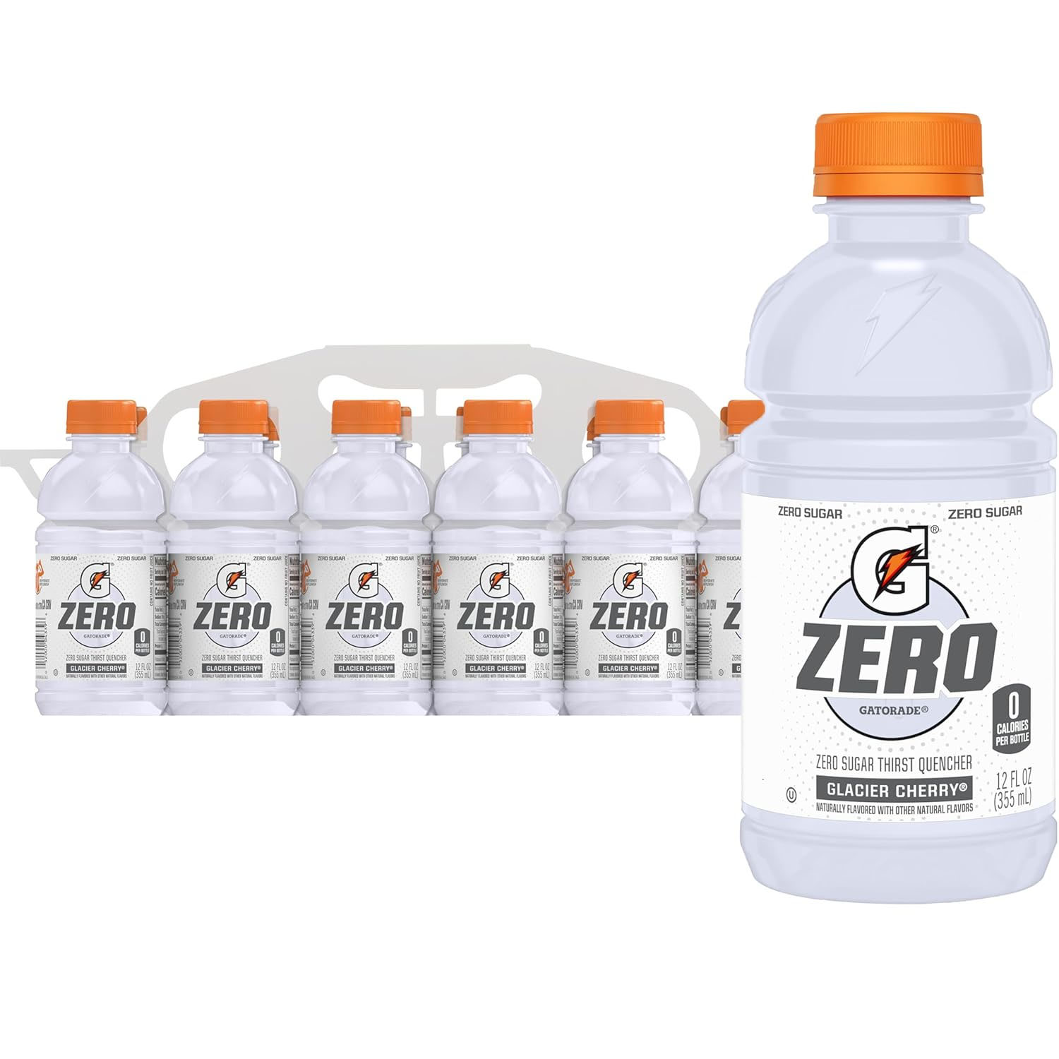 Pack of Gatorade Zero Sugar Thirst Quencher in Glacier Cherry flavor, each bottle is 12 fl oz.