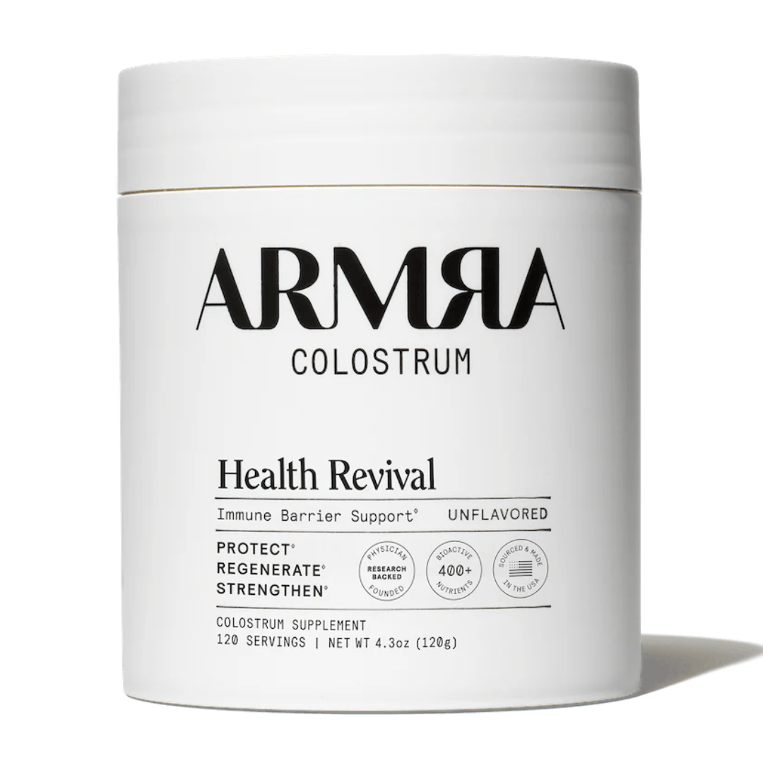 ARMRA Colostrum is a health supplement for \“Immune Barrier Support\“ advertised as unflavored with 120 servings per 4.3 oz (120g) container, claiming benefits like protection, regeneration, and strengthening with over 400 bioactive nutrients.