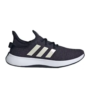 Adidas Cloudfoam Pure Shoes feature a sleek black mesh design with three white stripes on the side, and a white cushioned Cloudfoam sole for comfort.