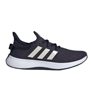 Adidas Cloudfoam Pure Shoes feature a sleek black mesh design with three white stripes on the side, and a white cushioned Cloudfoam sole for comfort.