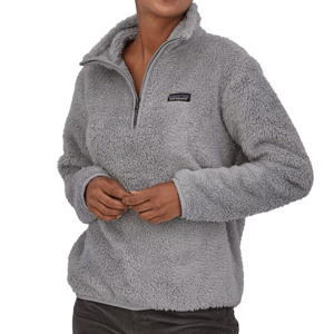 The Patagonia Los Gatos Jacket is a plush, gray, high-pile fleece jacket with a quarter-zip design, featuring a stand-up collar and a small logo on the chest.