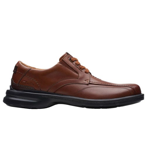 Brown leather lace-up dress shoe with a black sole, featuring a sleek design and subtle stitching details.