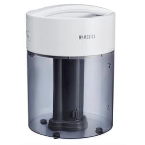 HoMedics Cool Mist Humidifier features a cylindrical tank with a clear, dark base and a white top. It includes a \“push\“ button feature for easy operation.