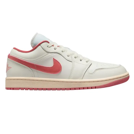 Nike Air Jordan 1 Low sneaker in cream with coral accents and soles.